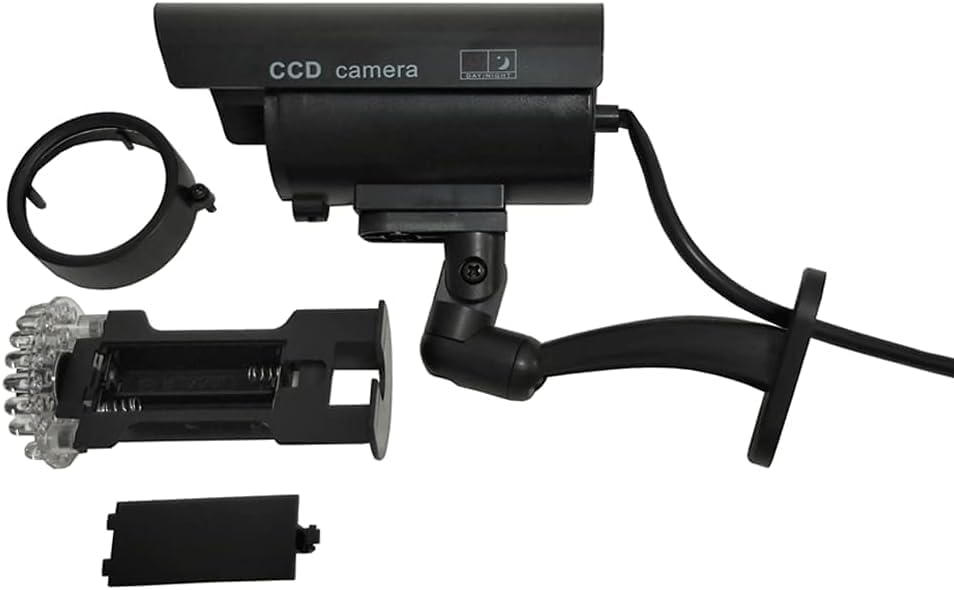 Dummy Security Camera Bullet Fake CCTV System, 4 Pack Indoor Outdoor with Realistic Flashing Lights and Warning Stickers