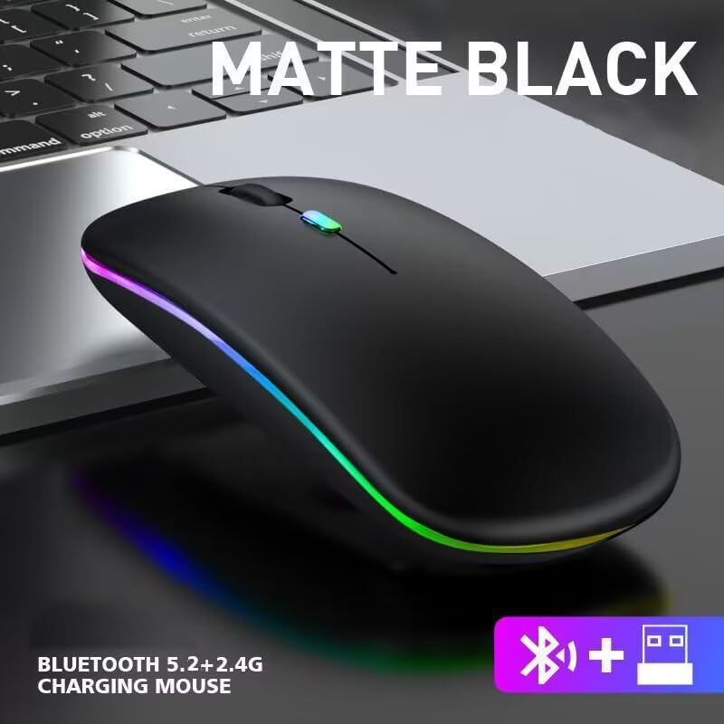 Wireless Bluetooth Mouse, LED Dual Mode Rechargeable Silent Slim Laptop Mouse, Portable (BT5.2 + USB Receiver) Black
