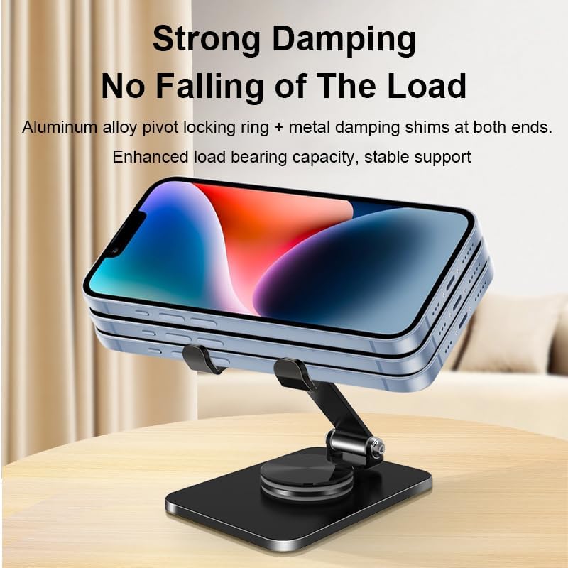 Adjustable Phone Stand with 360 Rotating Base Portable Foldable Carbon Steel Material Desktop Cellphone Stand Fits All Smart Phones-Black
