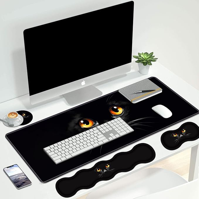 4 in 1 Ergonomic Keyboard Wrist Rest & Mouse Pad Wrist Rest Set Large XXL Gaming Desk Mat 31.5x 11.8 with Non-Slip Base Memory Foam for Home Office Study Gaming Black Cat Face