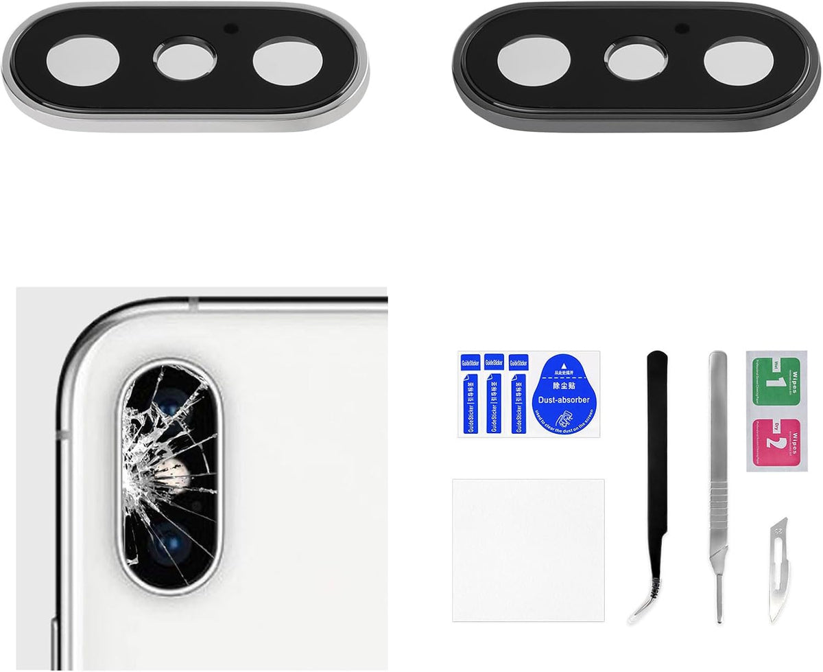 2 Sets for iPhone X Back Camera Lens Replacement with Metal Frame for iPhone 10, Space Gray Silver Color HD Tempered