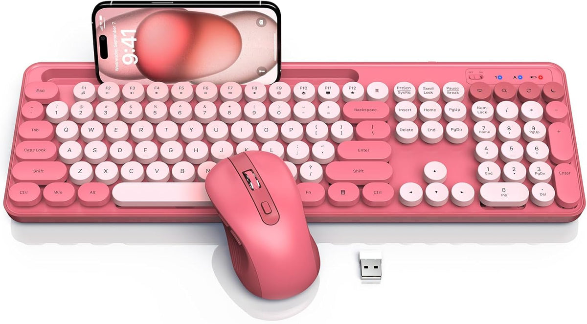 Wireless Keyboard and Mouse Combo, Retro Round Keycaps, Cute Full-Size Typewriter Keyboard with Phone Holder, 2.4GHz