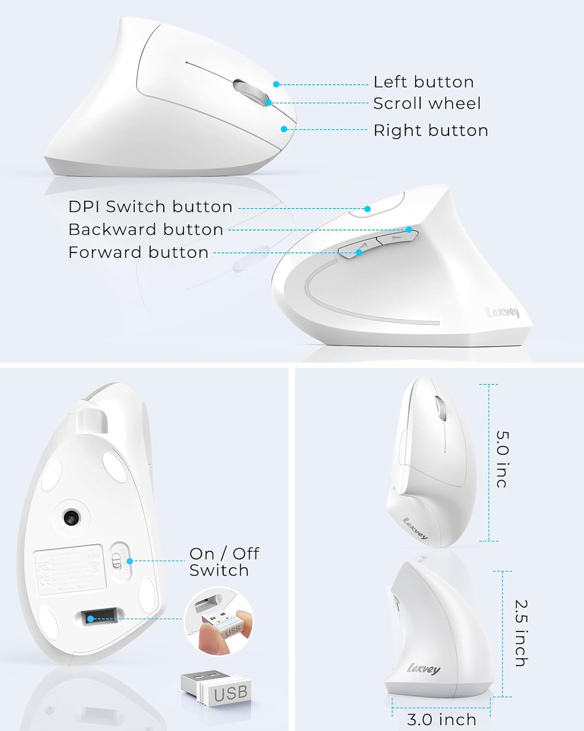 Lekvey Ergonomic Mouse, Vertical Wireless Mouse, Rechargeable 2.4G Optical Carpal Tunnel Mice with USB Receiver: 1000/1200 / 1600 DPI, 6 Buttons, for Laptop, Computer, PC, Desktop, Notebook, White