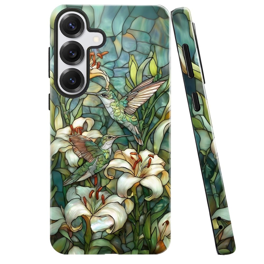 Case For Samsung Galaxy S25 Plus,Stained Glass Hummingbird Lily Phone Case Military-Grade Drop Protection Cover For Women Girl -