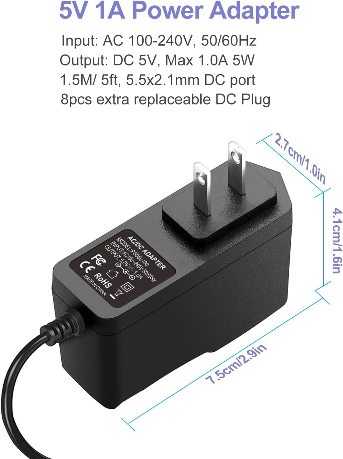 iCreatin 5V 1A 5W 100V-240V 5 1Amp 0.5A Power Supply Adapter AC/DC Charger AC to DC Volt Replacement Power Cord USB