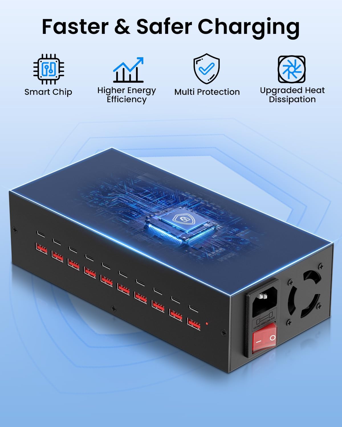 200W USB~c Charging Station, 20 Port (10 USB A & 10 USB~C Port) USB Charger Block, Fast Charging Station for Multiple Devices, Desktop Charger Compatible for iPhone, iPad, Tablets