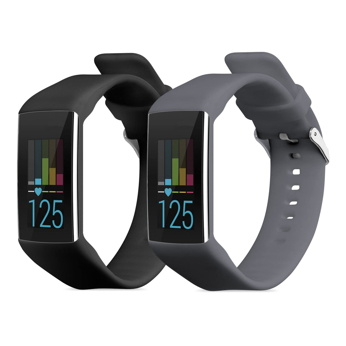 Kwmobile Straps Compatible With Polar A360 / A370 Straps - 2X Replacement Silicone Watch Bands - Black/Grey