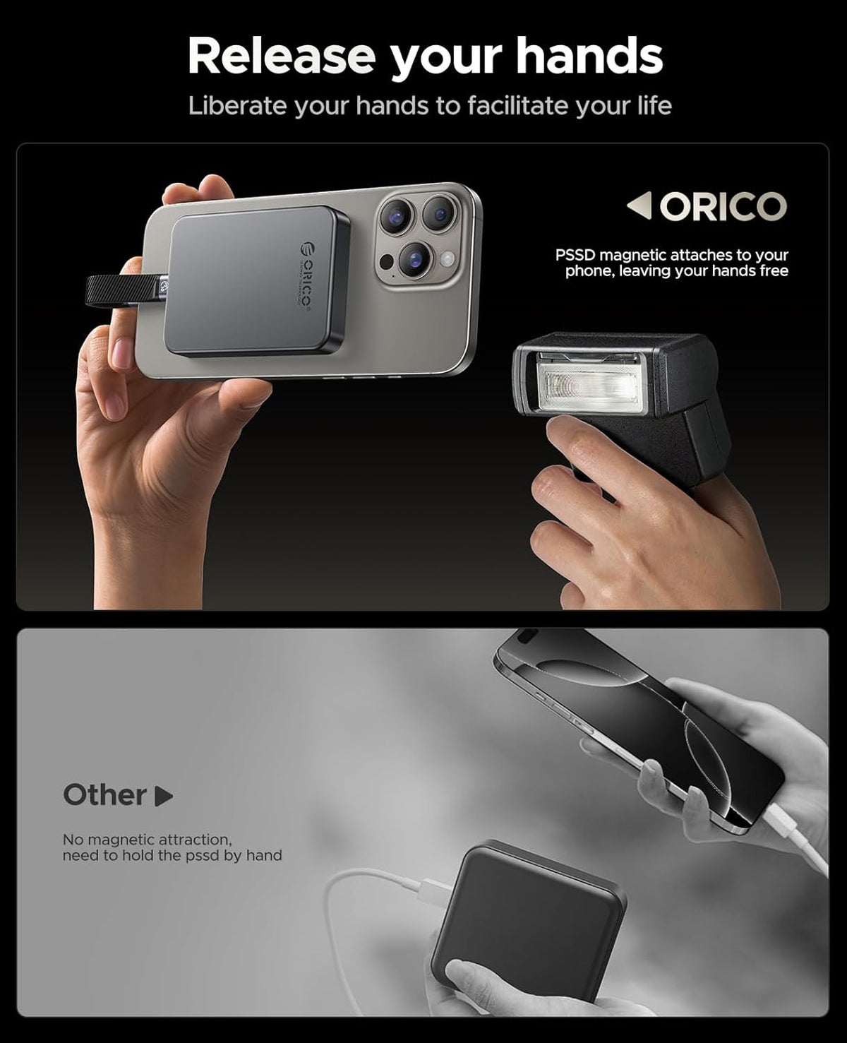 ORICO 1TB Magnetic SSD, PD100W Charging, 4K ProRes HDR, 1000MB/s USB 3.2, Portable External Drive for iPhone 16/15, Laptops, Tablets - Aluminum Alloy, Drop Resistant - K10