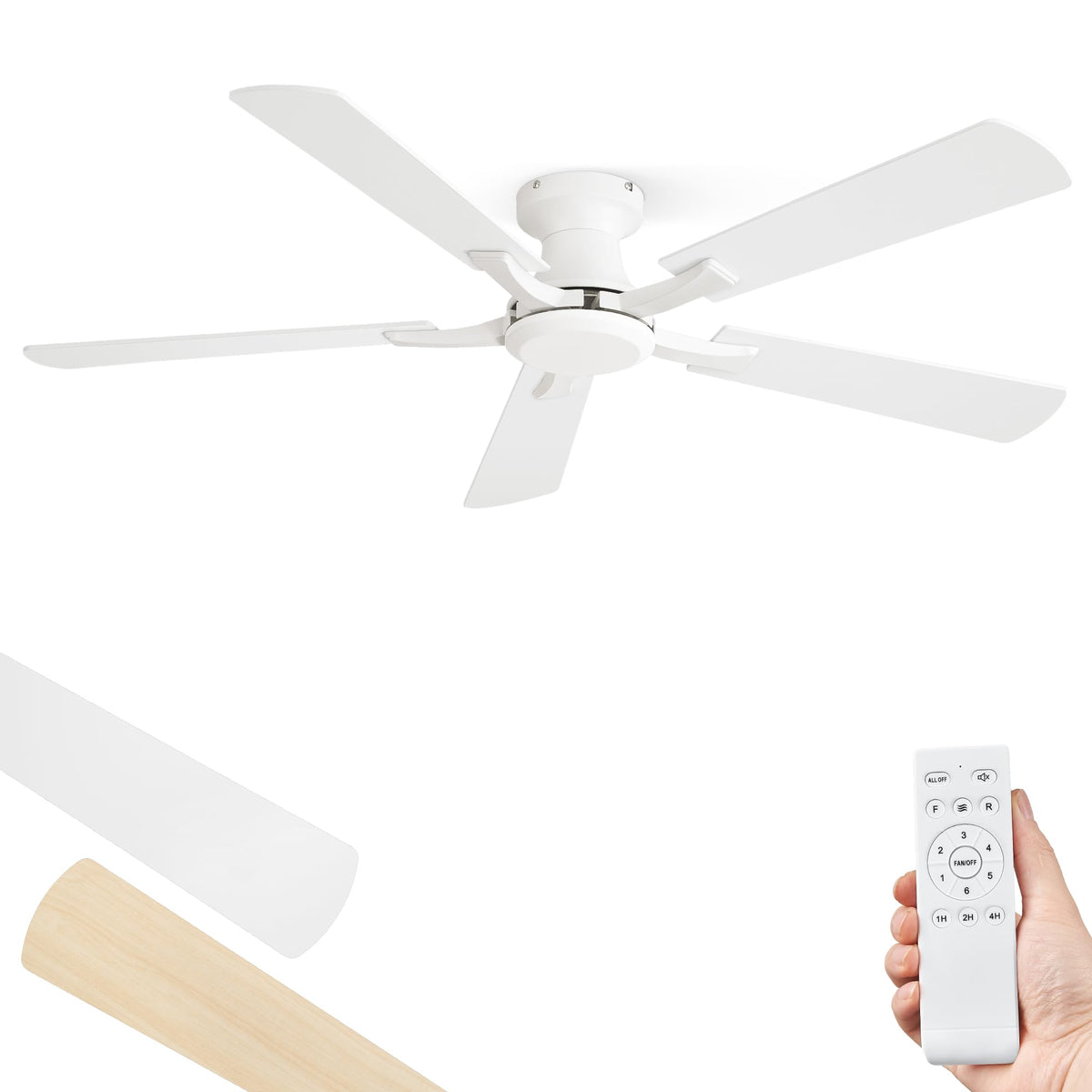 ZMISHIBO 52 Inch Ceiling Fan No Light, Flush Mount Low Profile, Modern White Ceiling Fan Without Light, Remote Control & Quiet D
