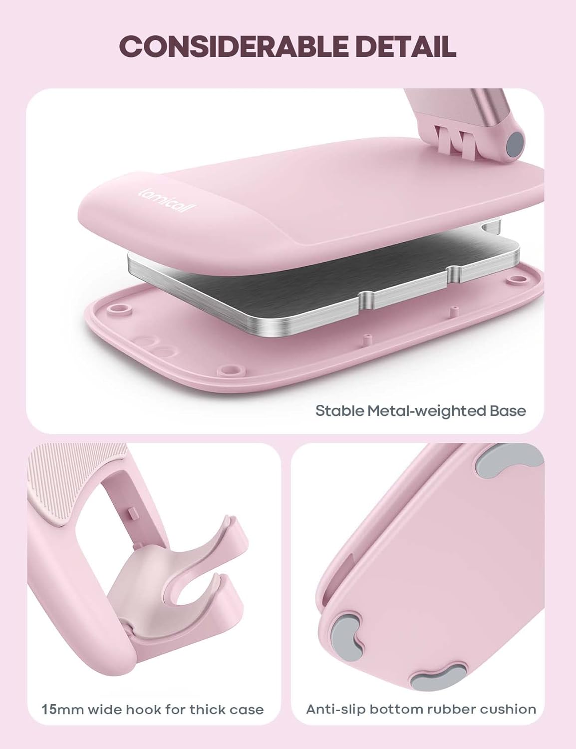 Lamicall Pink Phone Holder, Desk Accessories - Rose Gold Pink Office Cell Phone Holder, Desktop, Office Desks Accessories, Desk Decor for Women, for iPhone, 4-8'' Phone