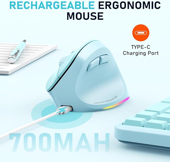MEETION Ergonomic Mouse Wireless Vertical Mouse RGB Backlit Rechargeable Mice for Bluetooth(5.2 + 3.0) & USB-A with Type-c Adapter 4 Adjustable DPI Mac/Windows/Andriod/PC/Tablet/iPad Blue