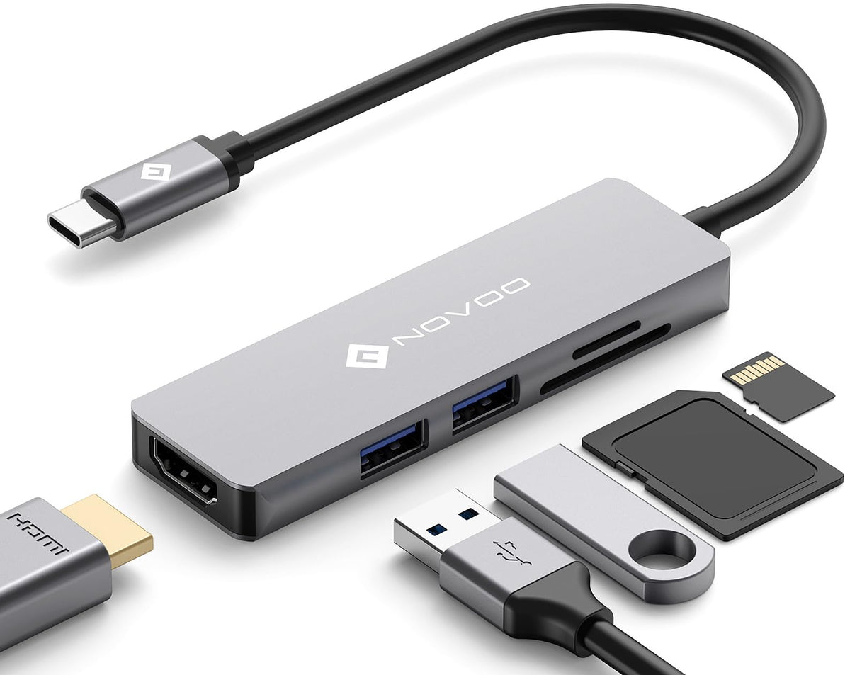 Novoo Usb C Hub 5 In 1 With Hdmi 4K Adapter, 2 Usb 3.0 Ports, 1 Sd Memory Port, 1 Microsd Card Reader