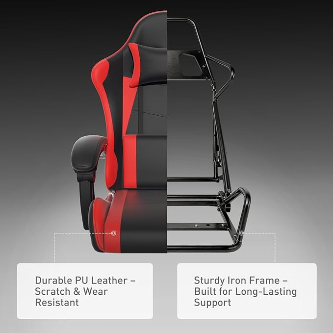 MoNiBloom Gaming Chair with Footrest High Back Video Game Chair with Headrest & Lumbar Support Height Adjustable Leather Swivel Computer Chair for Adult Teen Office or Gaming Red