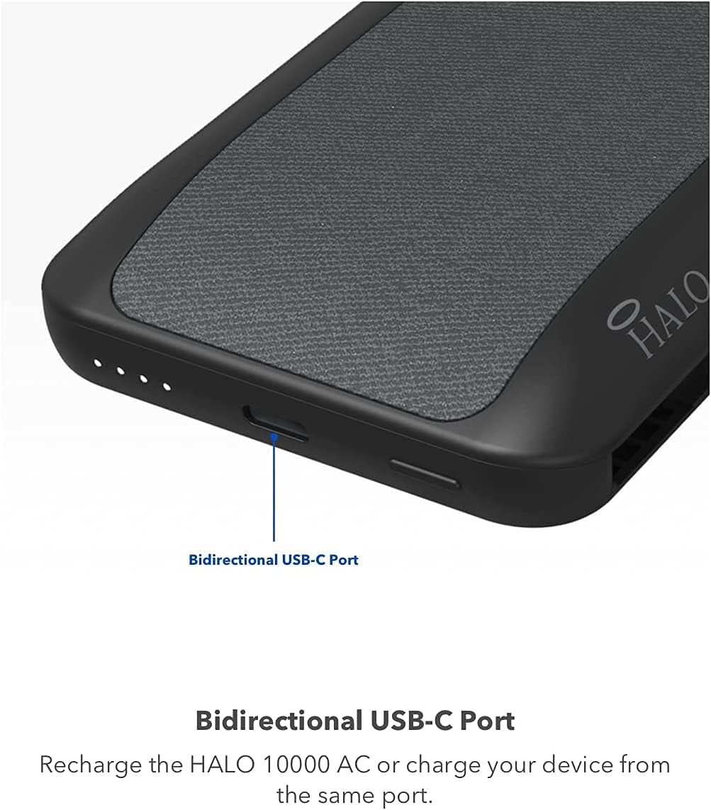 HALO 10000 AC, 10,000mAh Internal Battery with Built-in AC Wall Plug & Charging Cables, Black