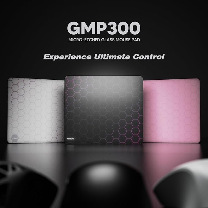 Vetroo GMP300 Tempered Glass Gaming Mouse Pad Micro-Etched 3mm Tempered Glass with Silicone Anti-Slip Base Multi-Layer Curing Smooth Operation for Esport & Work (Black)