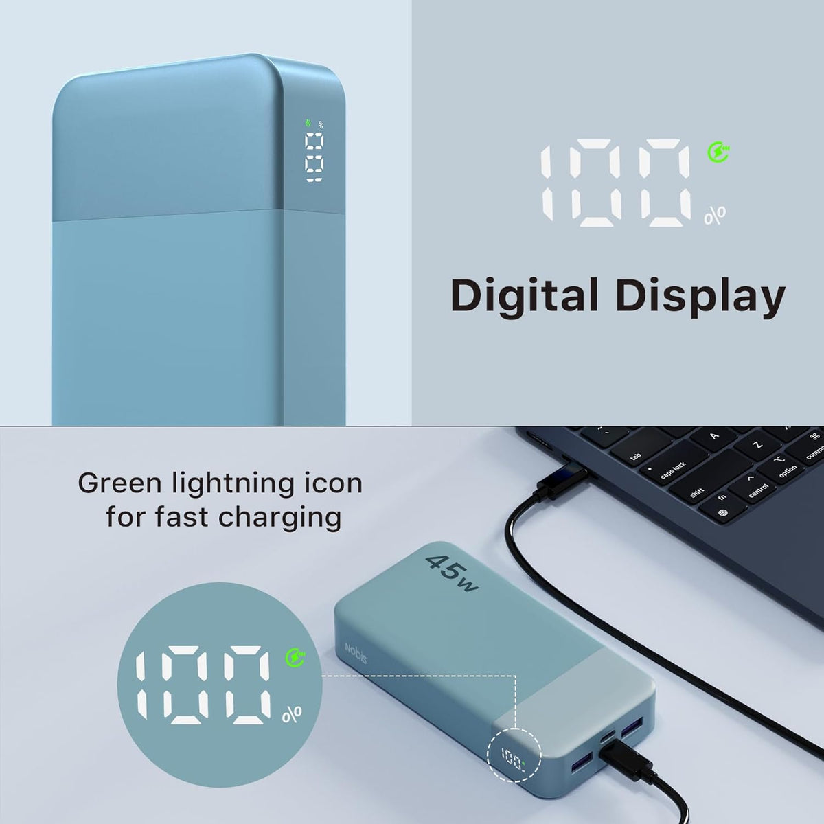 NOBIS Portable Charger, 20000mAh Power Bank, 45W Power Bank Fast Charging, Battery Pack with C to C Cable, Battery Bank with Digital Display for iPhone Android Laptop etc(Blue)