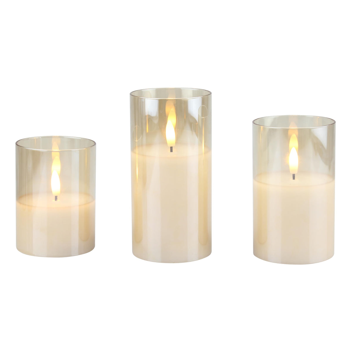 Stonebriar Set Of 3 Led Pillar In Amber Luster Glass Hurricane