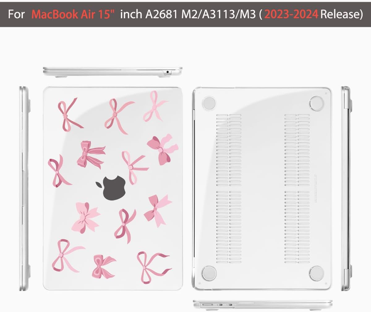 Teryeefi for M4 M3 M2 MacBook Air 15 inch Case 2025 2024 2023 Release fits Model A3241 A3114 A2941, Design Hard Shell Cover & Keyboard Cover & Screen Protector & OTG Adapter - Cute Pink Bows