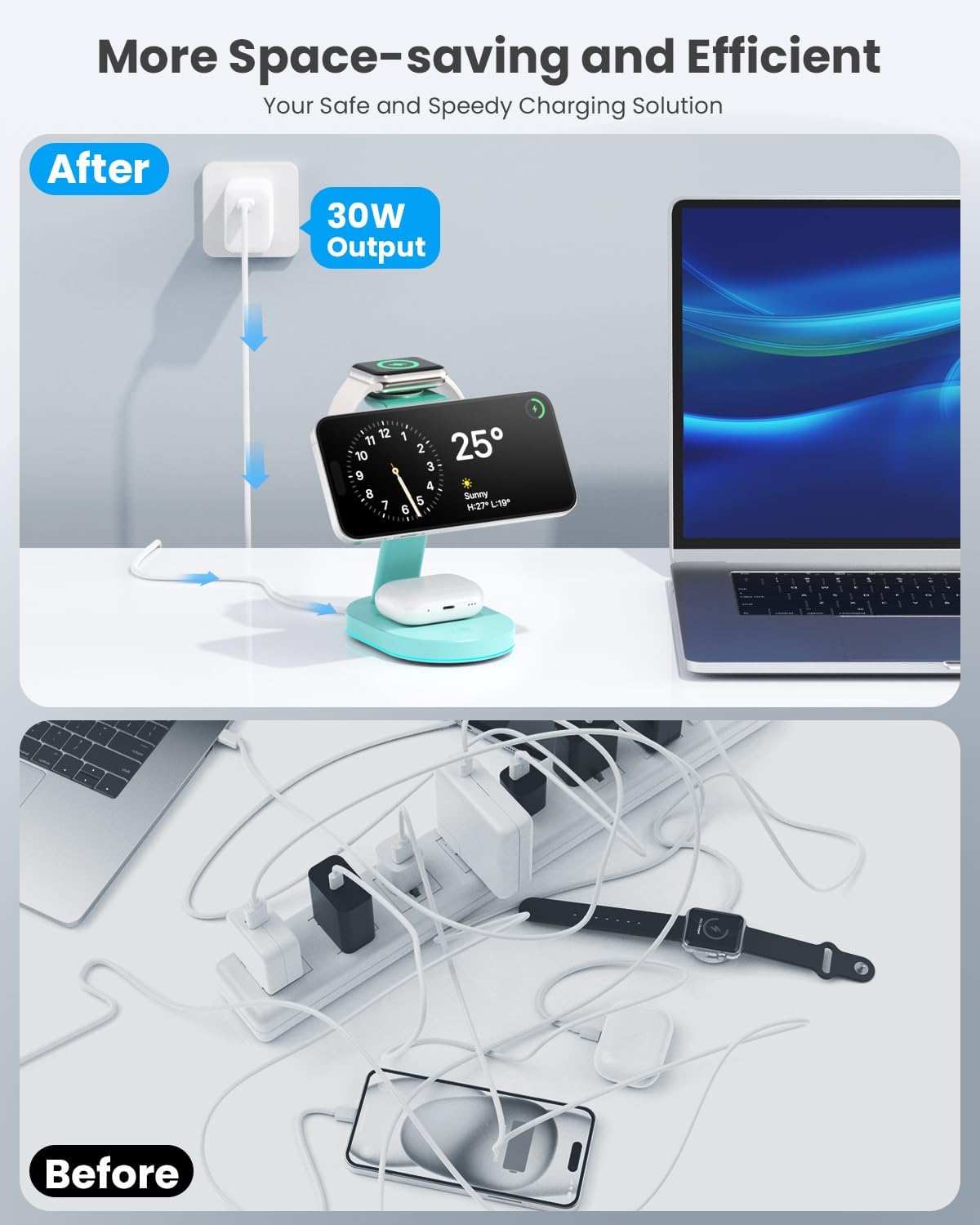 3 in 1 Wireless Charger Charging Station for iPhone,Qi2 Certified 15W Magnetic Charging Stand for Mag-Safe with 30W USB C Adapter&Friendly Night Light for iPhone 16/15/14/13/12,Apple Watch,AirPods