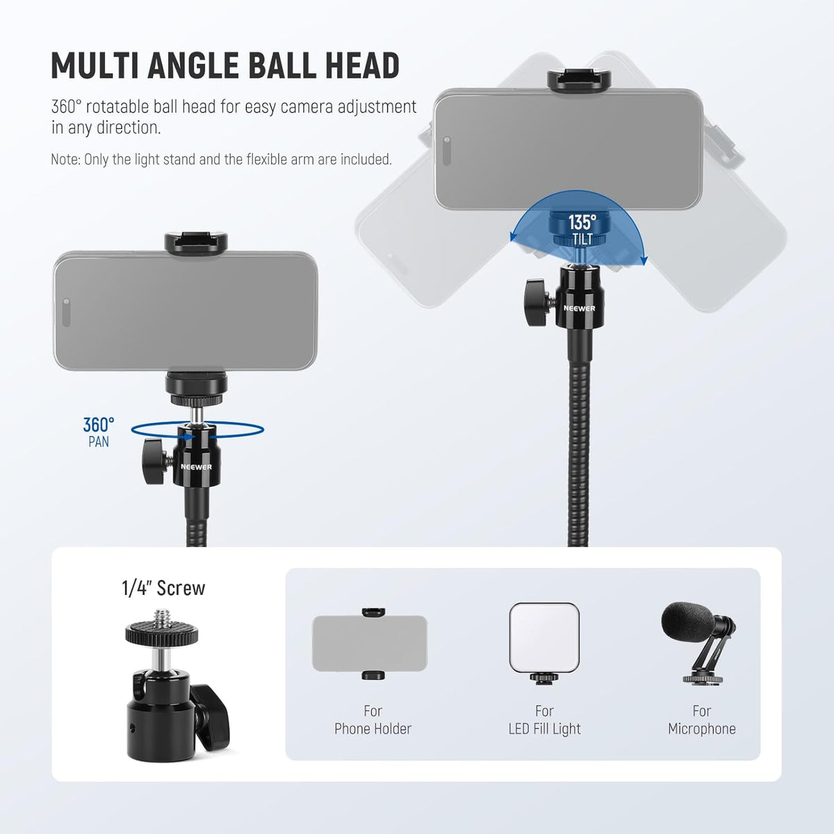 NEEWER 71" Phone Tripod Stand with Reversible Legs Flexible Arm 360° Ball Head Phone Holder & Remote, Portable Photography Light Stand Compatible with iPhone 16 15 Pro Max for Video Recording, TS06