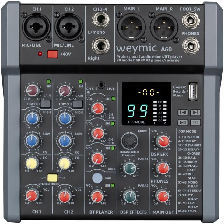 A-Series Professional Mixer for Recording DJ Stage Karaoke Music Application w/ 99 DSP Effect USB Drive for Computer Recording Input, XLR Microphone Jack, 48V Power for Professional (6-Channel)
