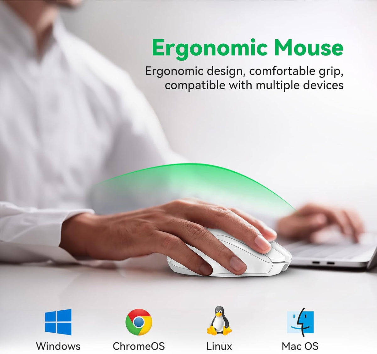 Bluetooth Mouse (BT5.0/3.0 & 2.4G) Rechargeable Wireless Mouse 2.4GHz with USB A Receiver, 4800 DPI Optical Tracking, 6 Adjustable DPI, Quiet Clicks, 6 Buttons, Wide Compatibility - White