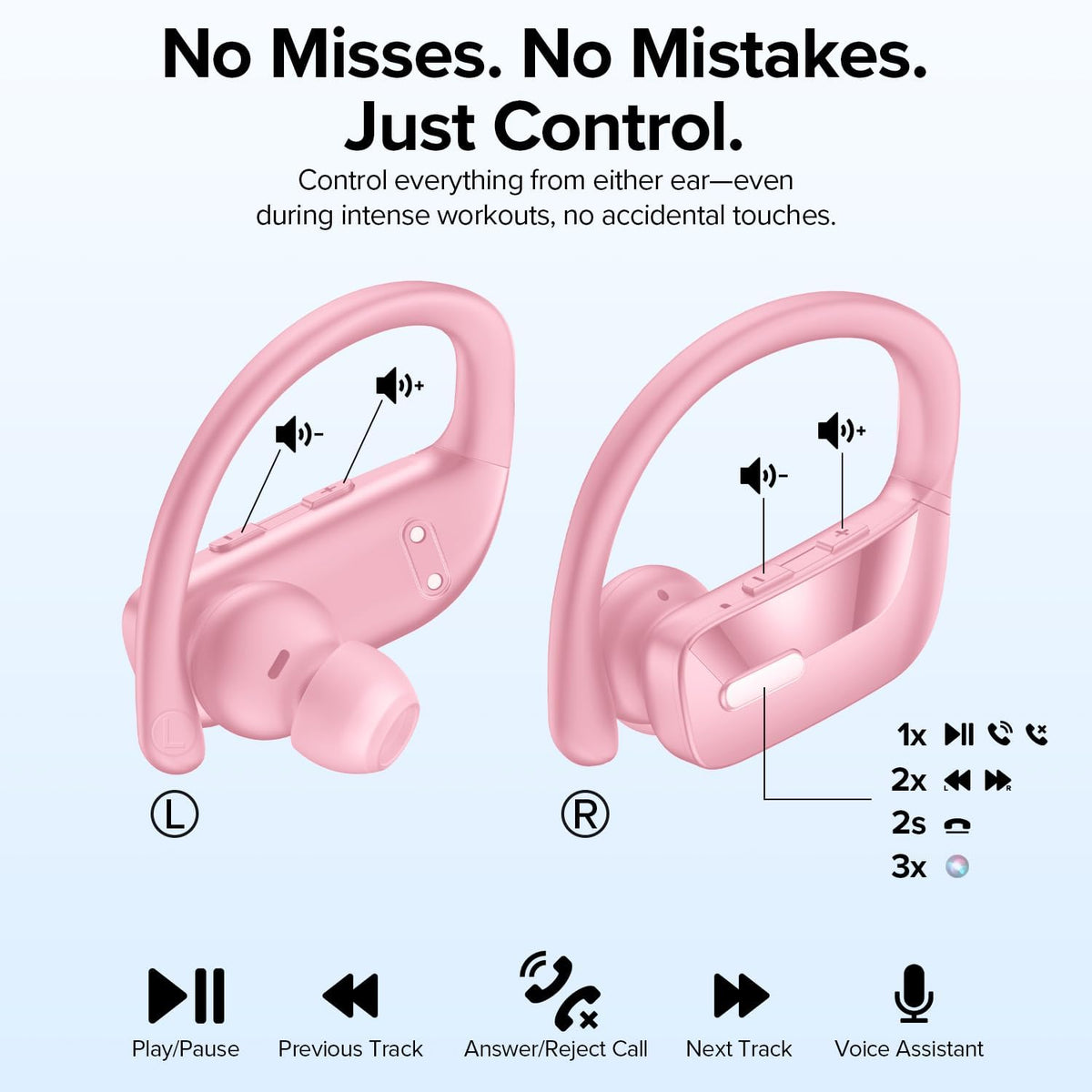 OCC Wireless Ear Hook Sport Earbuds, Bluetooth Headphones with Mic, IPX5 Waterproof, 80H Playtime Earphones, Pink