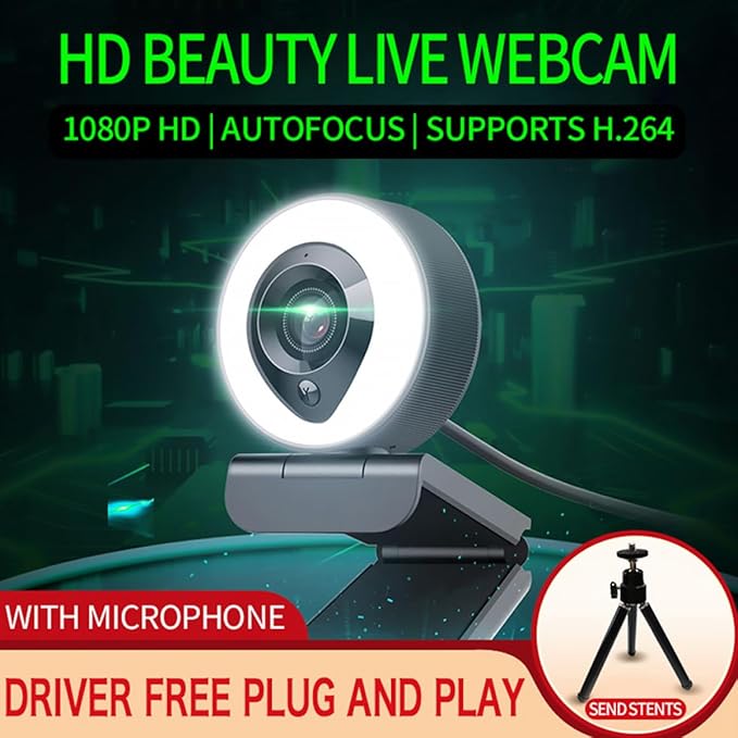Mikikit 4k Auto-Focusing USB Webcam with Mic HD Computer Camera with Fill Light for Live Streaming and Video Calls Compatible with Laptop and Desktop
