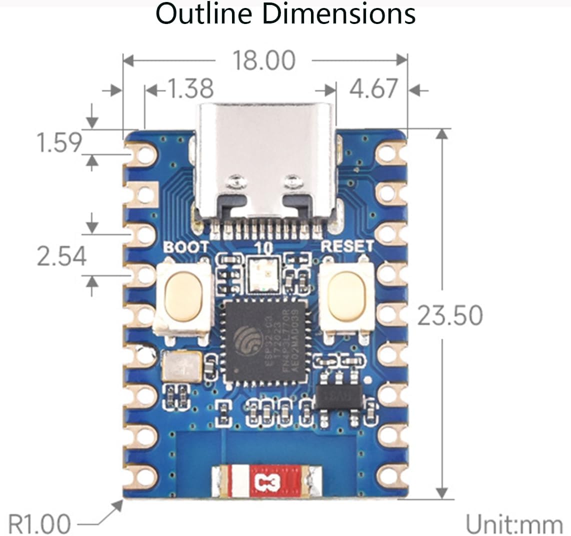 ESP32-C3 Development Board with Pre-Soldered Header, ESP32-C3FN4 Processor, 160MHz, 2.4GHz Wi-Fi & Bluetooth 5
