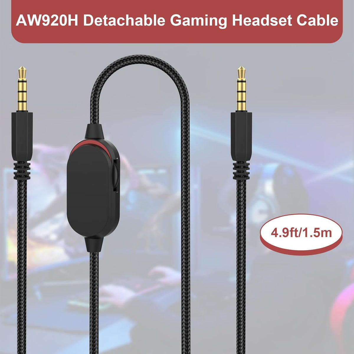 AW920H Gaming Headset Cable, Audio Aux Cable with Inline Mute Switch & Volume Controller for Alienware Headsets, 5.5ft