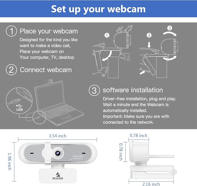 NexiGo N660P 1080P 60FPS Webcam with Software Control Dual Microphone & Cover Autofocus HD USB Computer Web Camera for OBS/Zoom/Skype/FaceTime/Teams/Twitch White