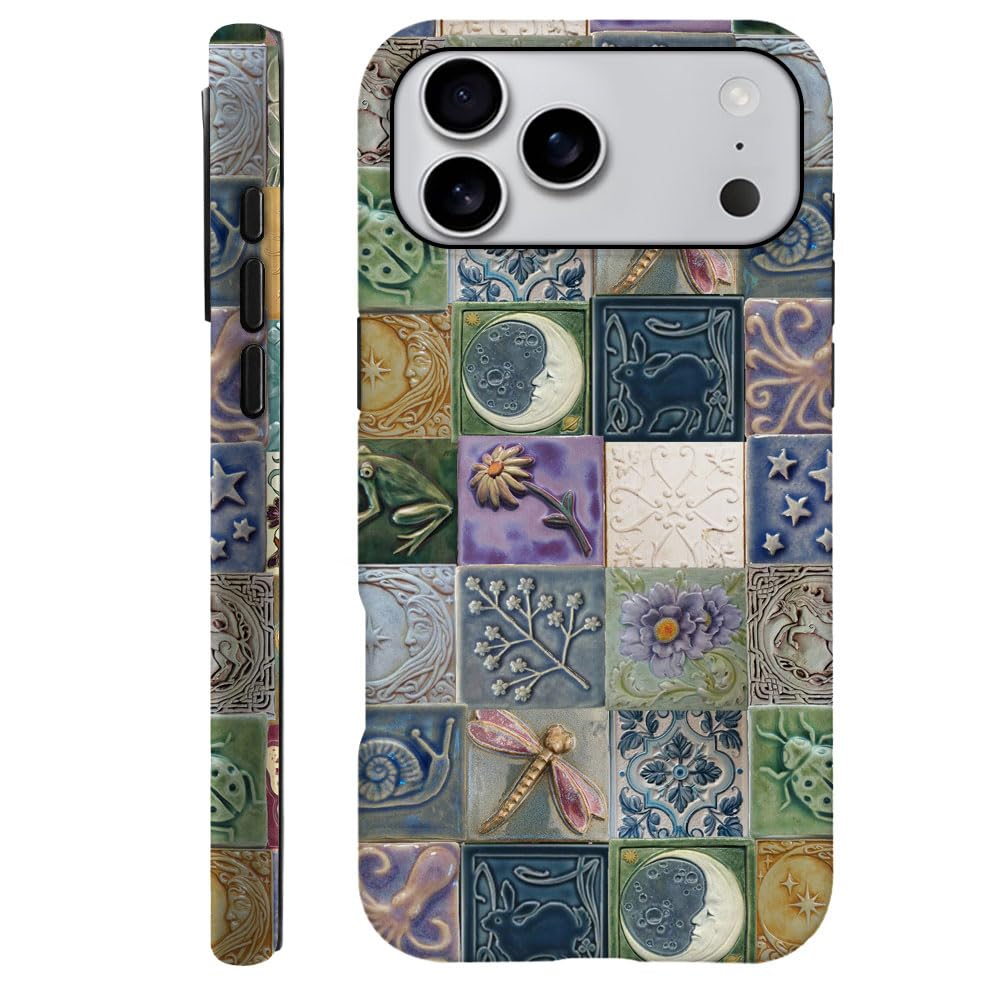 Compatible With Iphone 17 Pro Max,Durable & Shockproof Phone Case Cover Design - Tiles Pattern Moon Dragonfly Flower