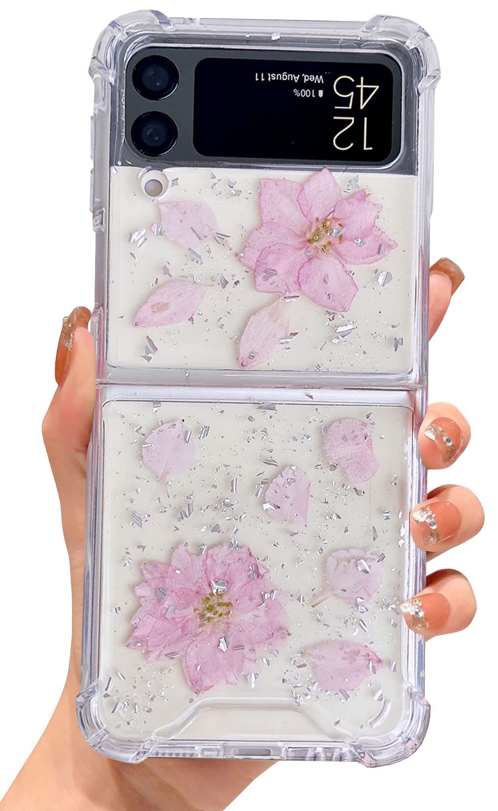 Abbery For Samsung Galaxy Z Flip 3 5G Case Clear With Design Glitter Dried Real Pressed Flower Cute Sparkle Tpu & Pc Transparent