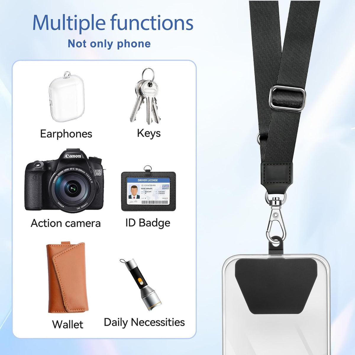 Doormoon Phone Lanyard, Adjustable Neck Strap with 4 TPU Patch for Phone Case Keys ID Badges Universal Cell Phone Lanyard Compatible with iPhone, Samsung, Most Smartphones, 2 Pack, Black Black