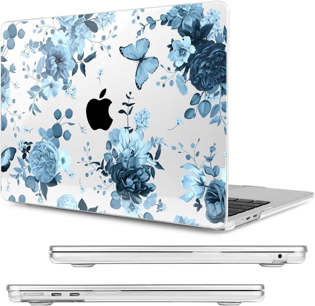 Compatible with MacBook Air 15 inch Case, M4 A3241/M3 A3114/M2 A2941 (Released 2025 to 2023), Hard Shell, Keyboard Cover, Screen Protector, Webcam Cover & Type-C Adapter, Blue Flowers