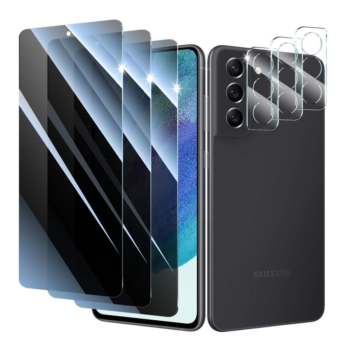 Privacy Screen & Camera Lens Protector For Samsung Galaxy S21 Fe, Anti-Spy Tempered Glass, Dark Private Black Protection, 9H Har
