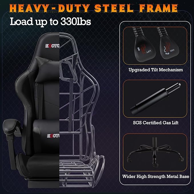 ECOTOUGE Ergonomic Gaming Chair Video Game Chair with Removable Back Cushion Gamer Chair with Massage Lumbar Pillow & Footrest Computer Office Gaming Chair with Reclining Backrest Black