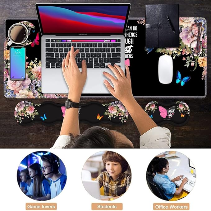 Ergonomic Keyboard Wrist Rest & Mouse Pad Wrist Rest Set 31.5x 11.8 Large XXL Gaming Desk Pad Memory Foam Non-Slip Desk Mat for Office & Home Floral Butterfly Quote Bible Verse Philippians