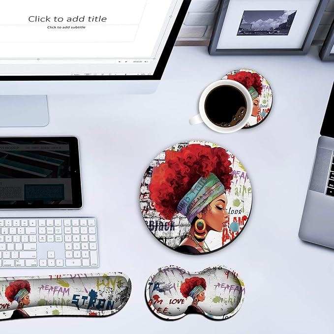Keyboard Wrist Rest +White Mouse Pad + Mouse Wrist Rest Support Set+ Coaster Ergonomic Memory Foam4Pcs Keyboard Mouse Pad Set for Computer Home & Office African Woman Graffiti Girls
