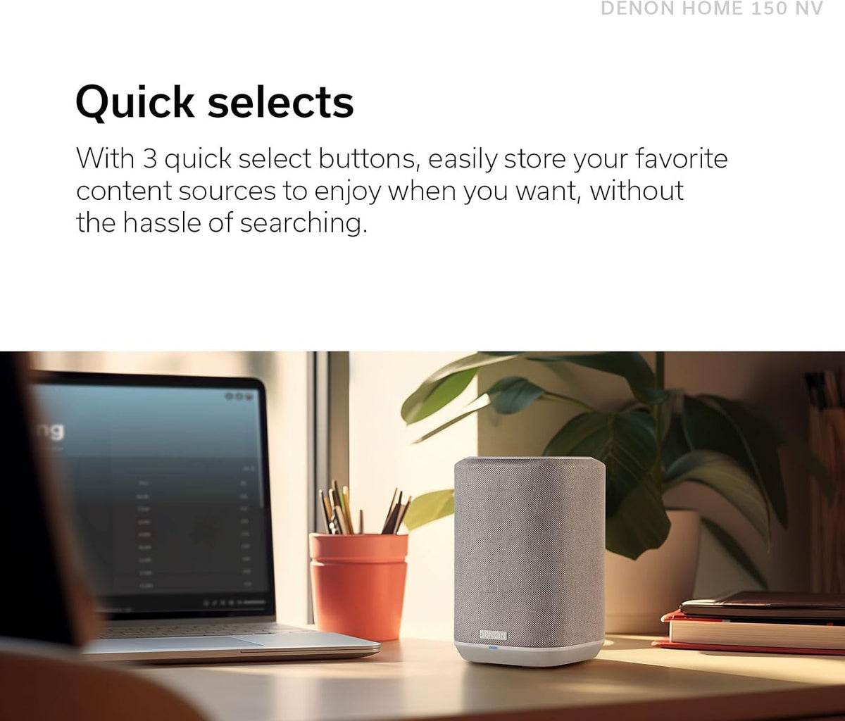 Denon Home 150 NV Wireless Speaker (White), 1" Tweeter, 3.5" Woofer, Home Speaker with HEOS Built-in, AirPlay 2, and Bluetooth, Multi-Room Streaming, Simple Setup, Compact Design
