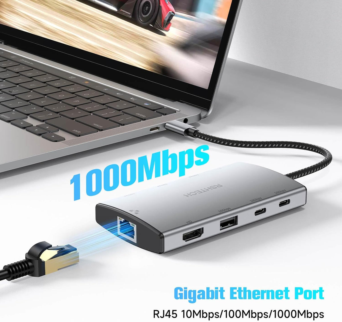 RSHTECH 9-in-1 USB C Hub Multiport Adapter with 4K HDMI, 10Gbps USB-3.2 Ports(2C + 1A), 3 USB-3.0 5Gbps Data Ports, 100W PD, Gigabit Ethernet, Aluminum USB-C Dongle for MacBook, Laptops and More