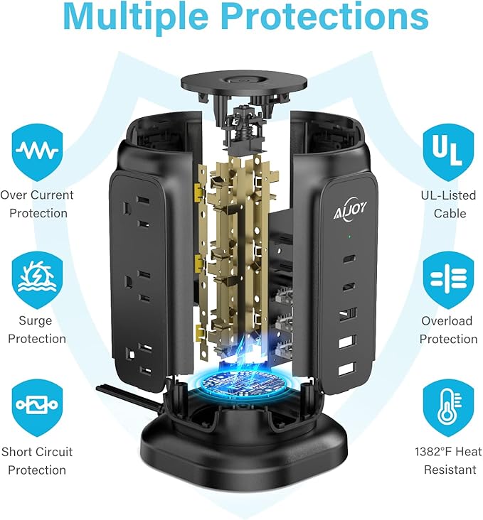 AiJoy Power Strip Tower with 9 AC Outlets and 5 USB Ports Charging Station