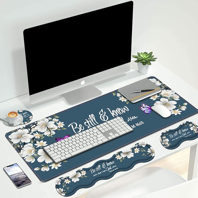 4 in 1 Ergonomic Keyboard Wrist Rest & Mouse Pad Wrist Rest SetLarge XXL Gaming Desk Mat 31.5x 11.8 with Non-Slip BaseMemory Foam for Home Office Study GamingFloral Quote Bible Verse Psalm 46