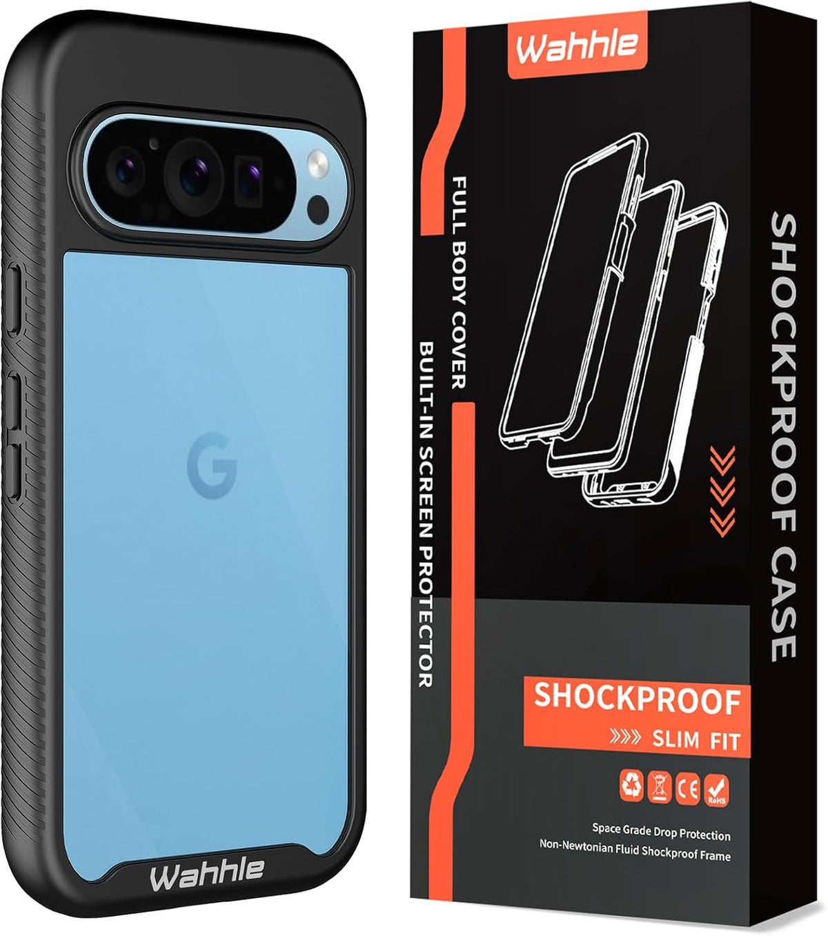 wahhle Case for Google Pixel 9/9 Pro, Built-in Screen Protector, Full Body Shockproof Slim Fit Bumper Cover, Black/Clear