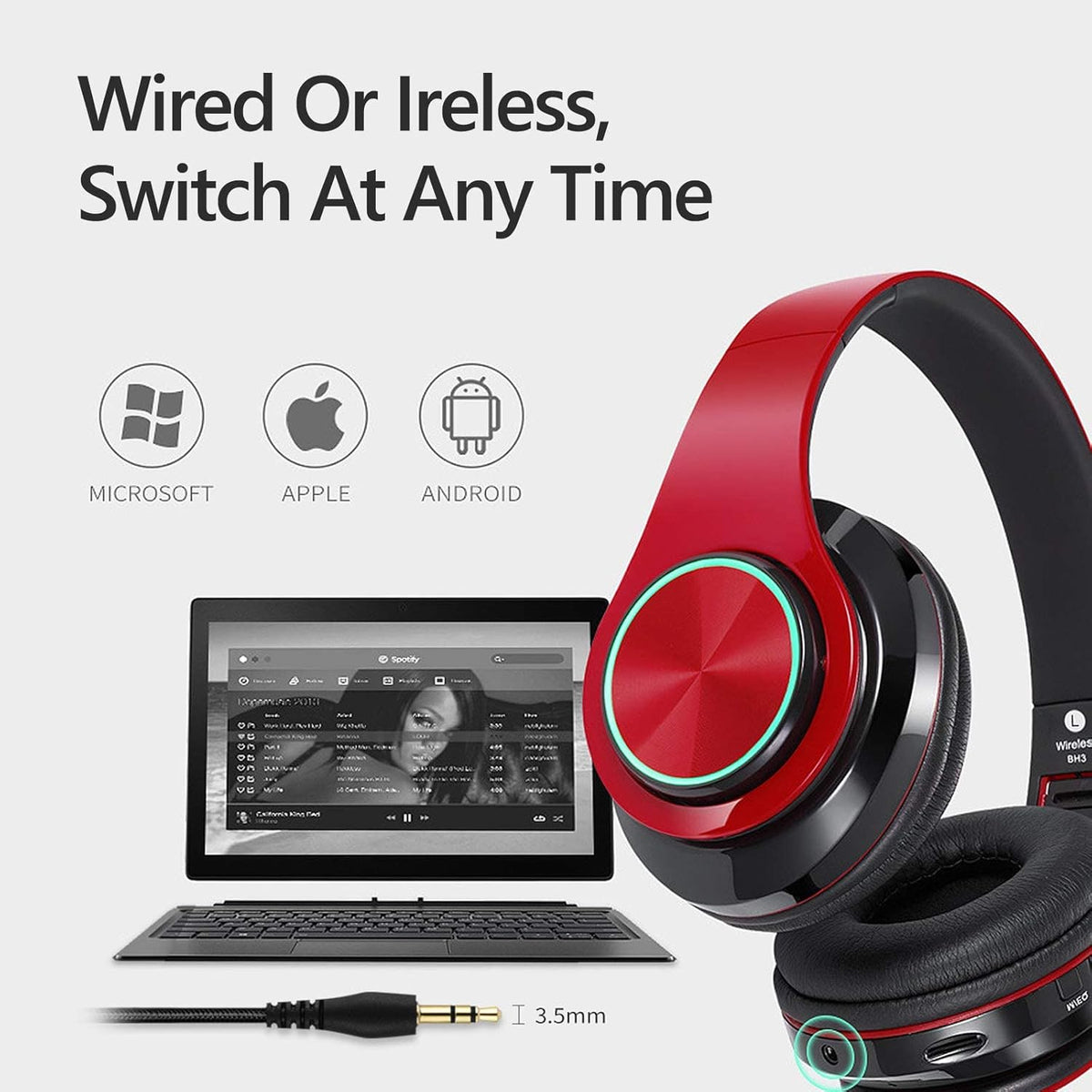 Bluetooth Headphones Over Ear with Deep Bass, LED Foldable Stereo, Wired and Wireless for Smart Phone/TV/PC
