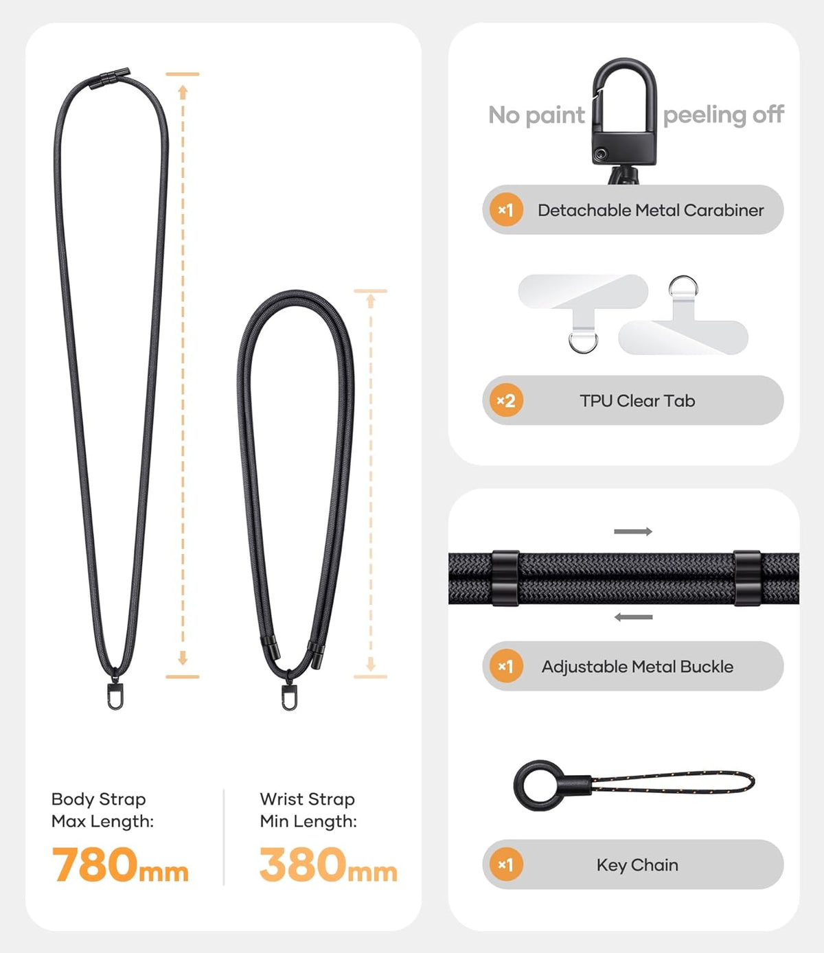 for Phone Lanyard Crossbody with 2X TPU Clear Tabs, Adjustable Anti Theft Strap, Premium Metal Buckles, Comfortable Universal Neck Wrist Lanyard for Travel Outdoor, Black