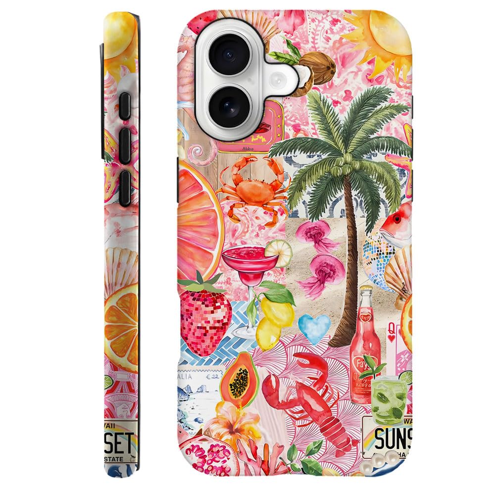 Compatible With Iphone 17,Durable & Shockproof Phone Case Cover Design - Beach Palm Trees Pink Fruits Collage