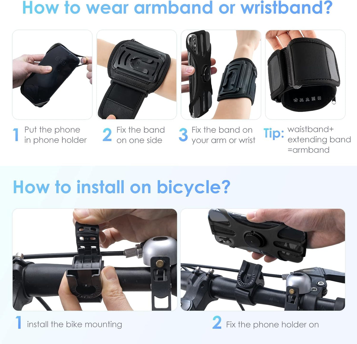 Cikyner Running Armband, 3 in 1 Running Phone Holder Sports Armband Bicycle Phone Holder 360° Rotatable & Detachable Running Phone Armband for 4.5-7'' iPhone Huawei for Gym Running Hiking