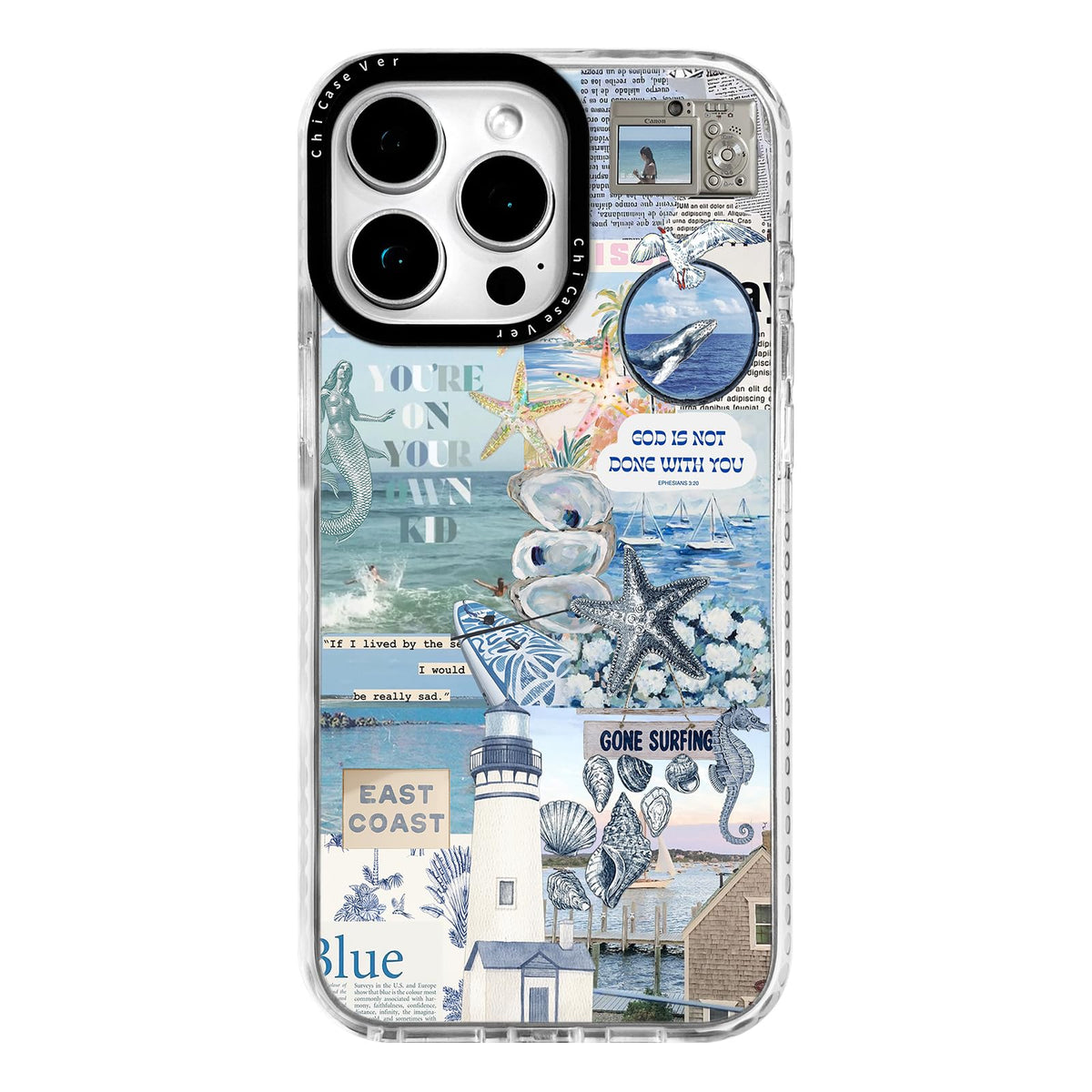 Chicasever For Iphone 15 Pro Case, Nostalgic Beach Collage Pattern, Beach Soft Slim Tpu Compatible With Magsafe, Military-Grade