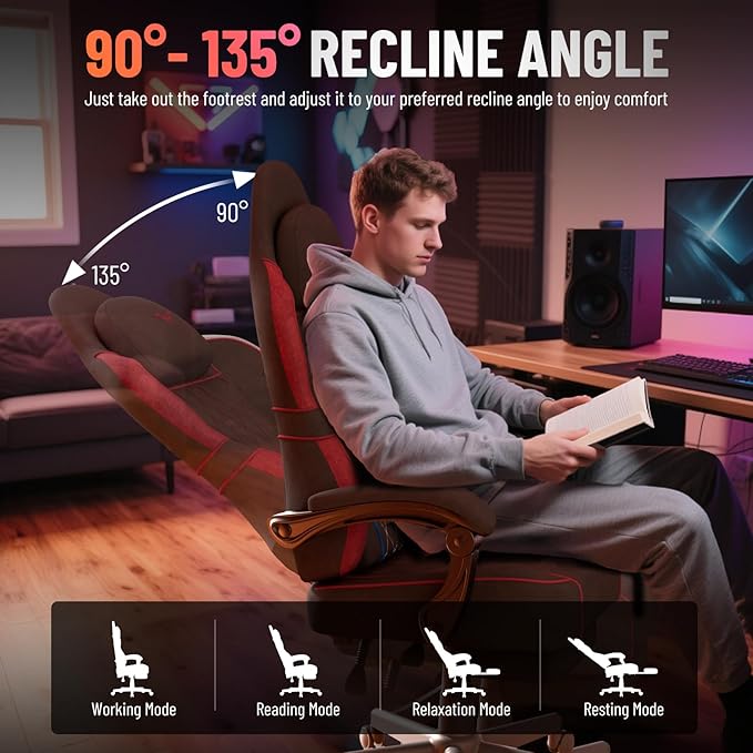 Ferghana Velvet Fabric Ergonomic Gaming Chair with Footrest and Linkage Armrest High Back Computer Game Chair with Massage Lumbar Support for Adult(Black/Red)